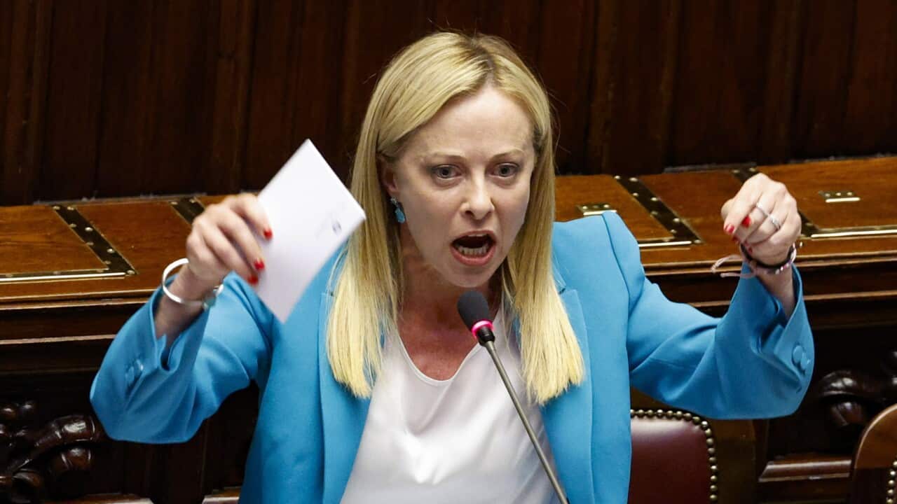 Italian Prime Minister Giorgia Meloni speaks during a meeting at the Chamber of Deputies in Rome, Italy, 28 June 2023.