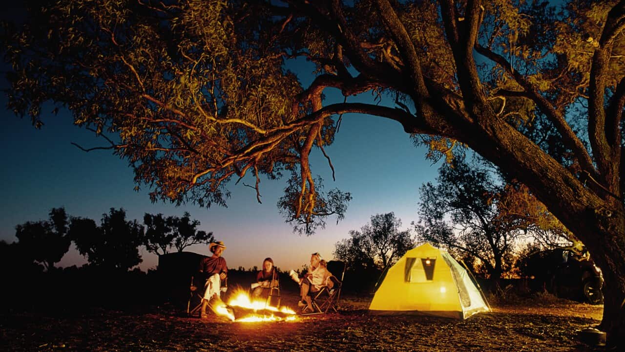 Family around camp fire, night (Digital Composite)