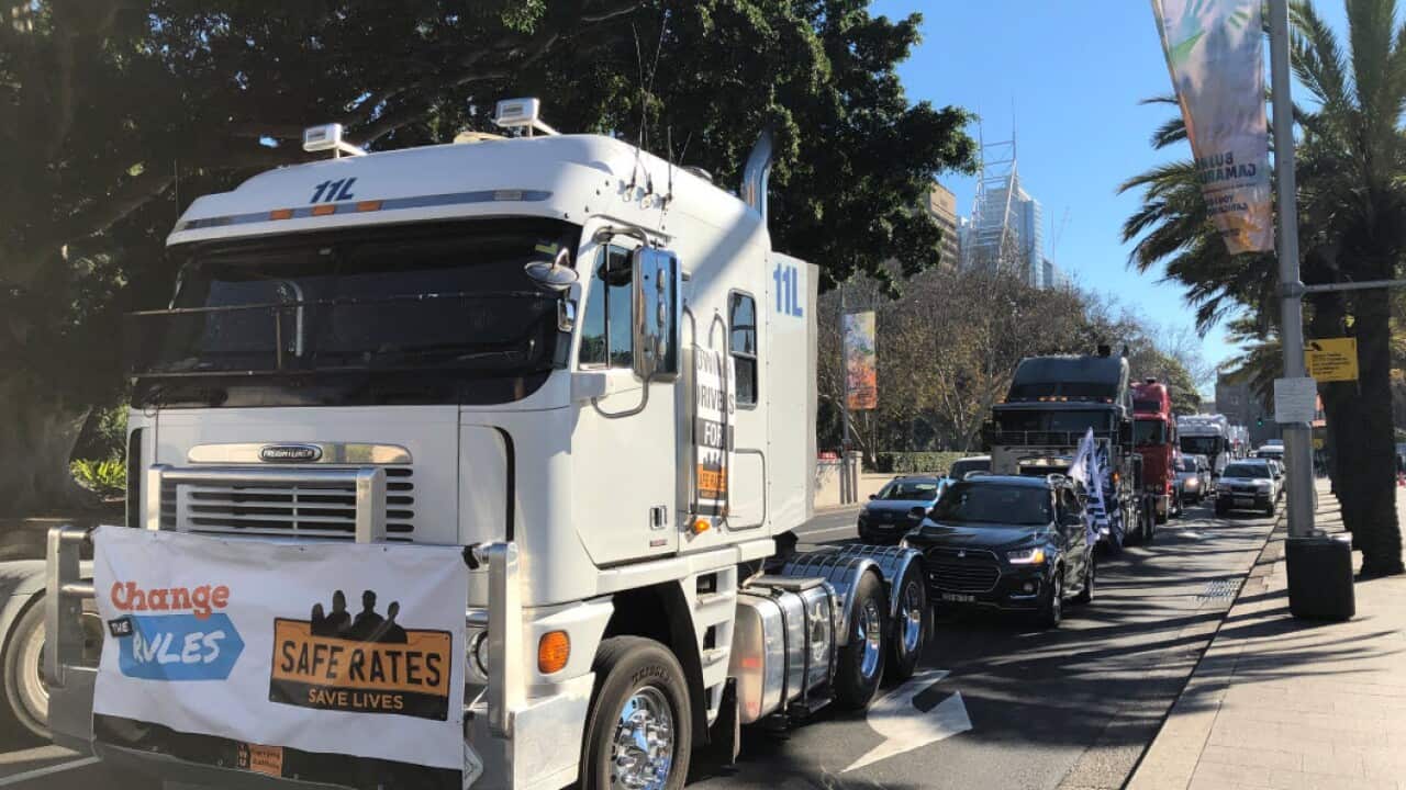 A convoy of trucks make their way through Sydney as part of the protest.