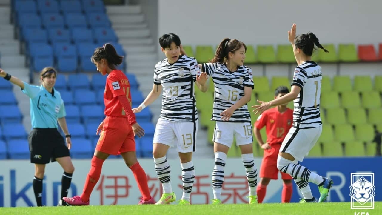South Korean players celebrate their opening goal against Myanmar