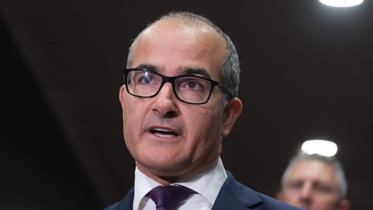 Victorian Acting Premier James Merlino speaks to the media during a press conference in Melbourne, Monday, May 4, 2021. (AAP Image/Luis Ascui) NO ARCHIVING
