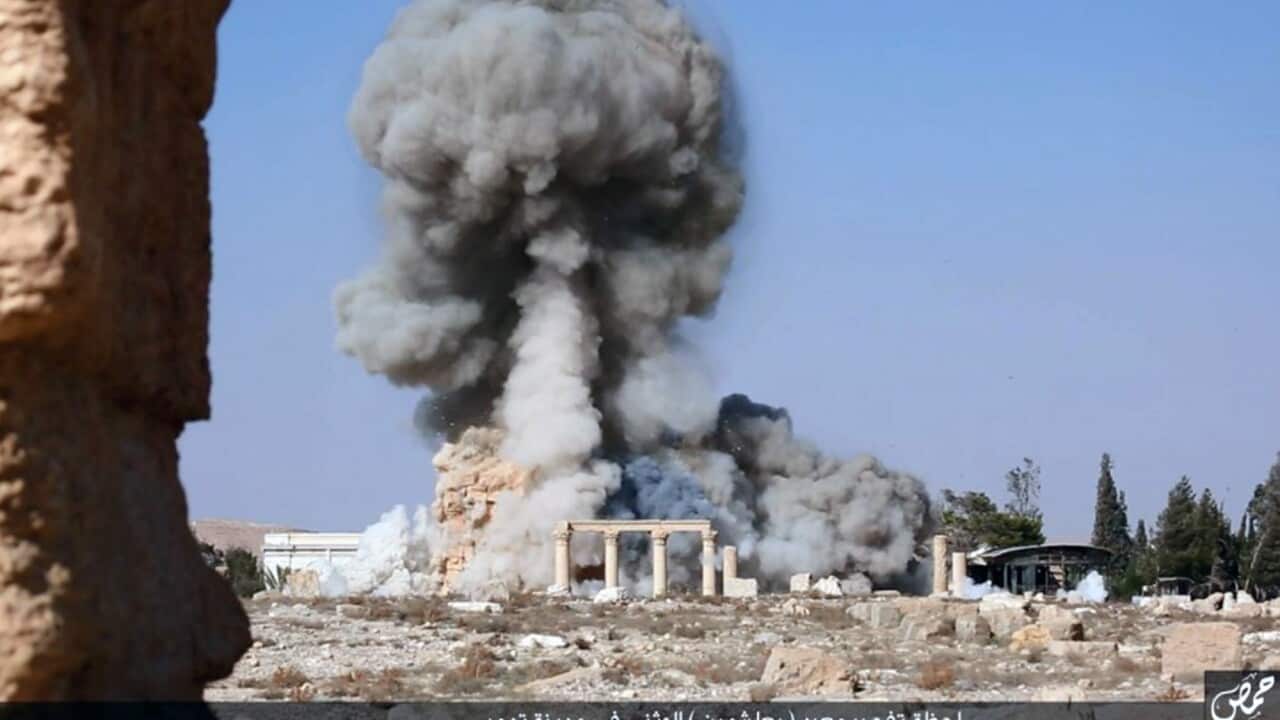 This undated file shows smoke from the detonation of the 2,000-year-old temple of Baalshamin in Syria's ancient caravan city of Palmyra. (Islamic State social media account via AP, File)