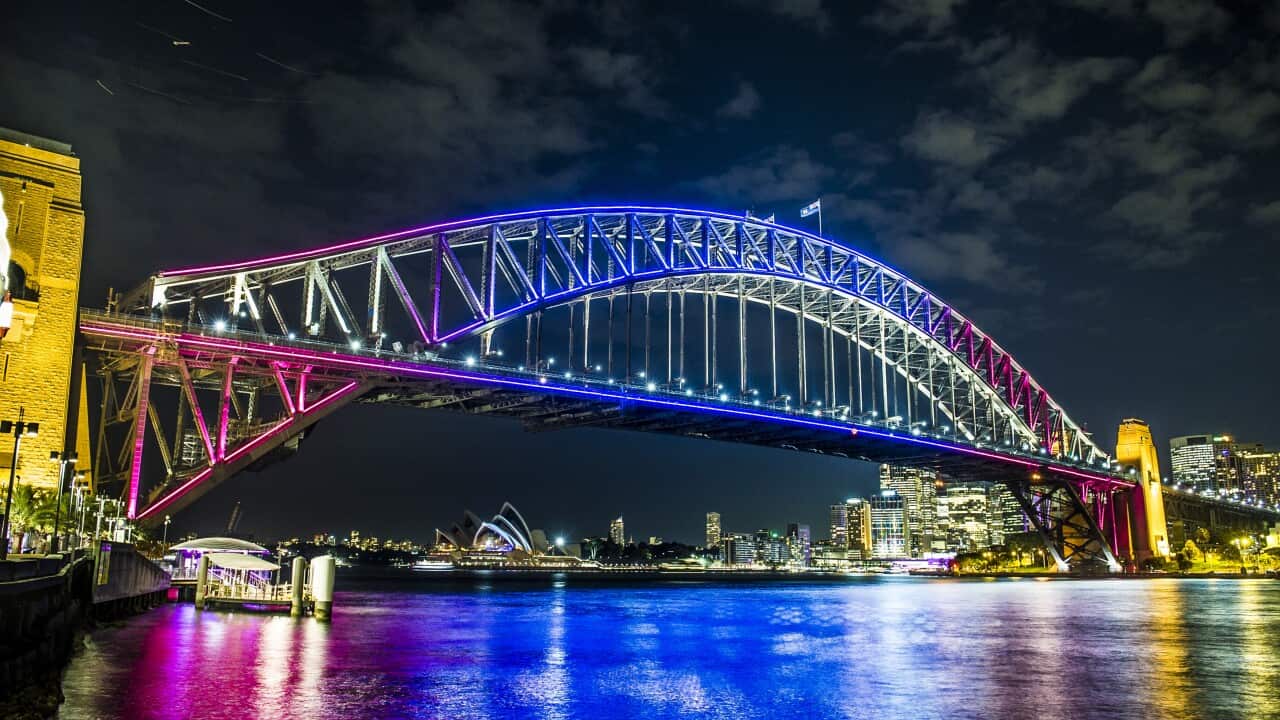 Supplied image of coloured lights projected onto the Sydney Harbour Bridge, as part of the Vivid Festival (AAP)