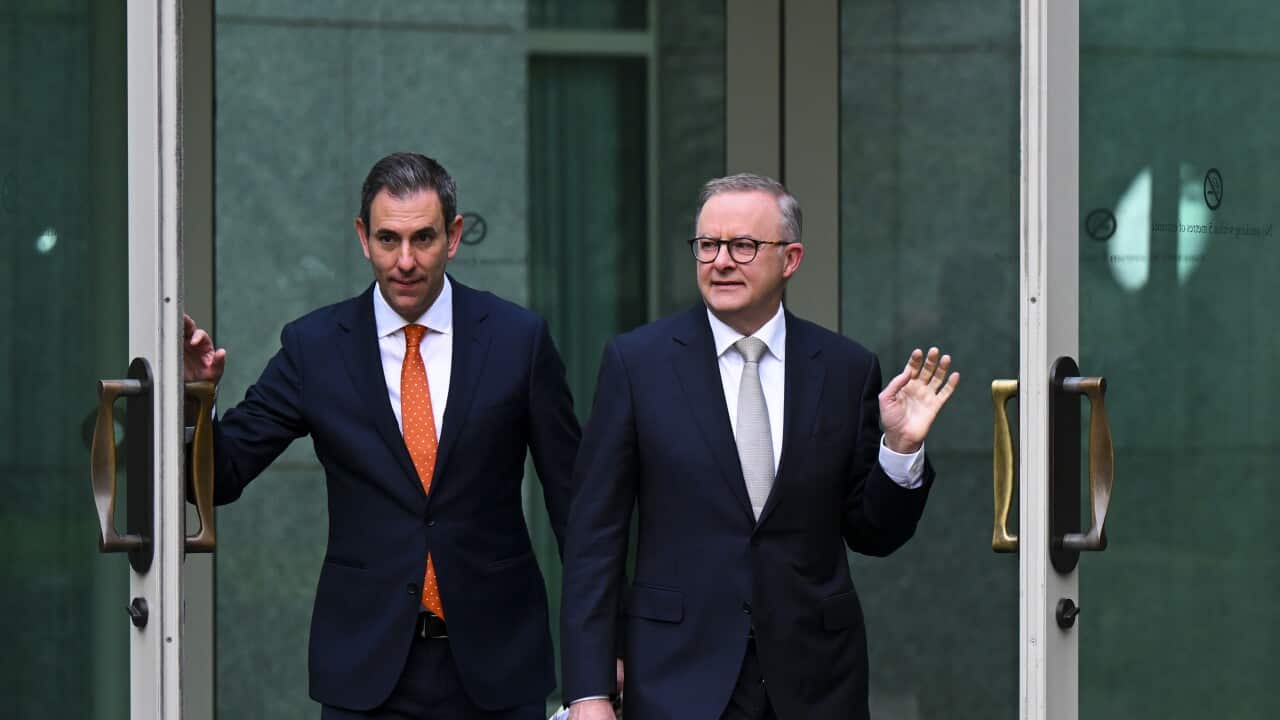 Australian Prime Minister Anthony Albanese (right) and Australian Treasurer Jim Chalmers arrive for morning TV interviews following the handing down of the 2022/23 federal budget.