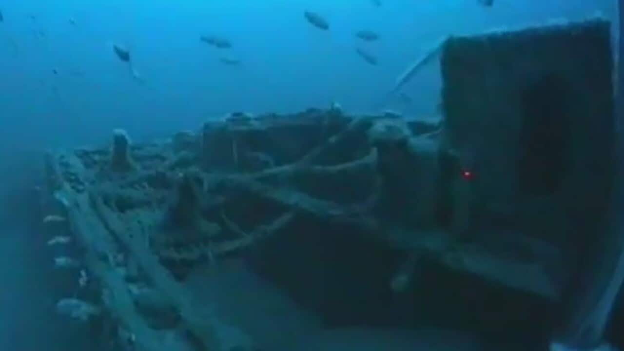Wreckage of a ship under water.
