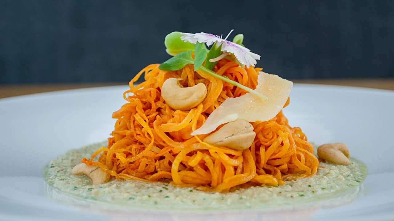 Sweet potato noodles in cheesy cashew sauce