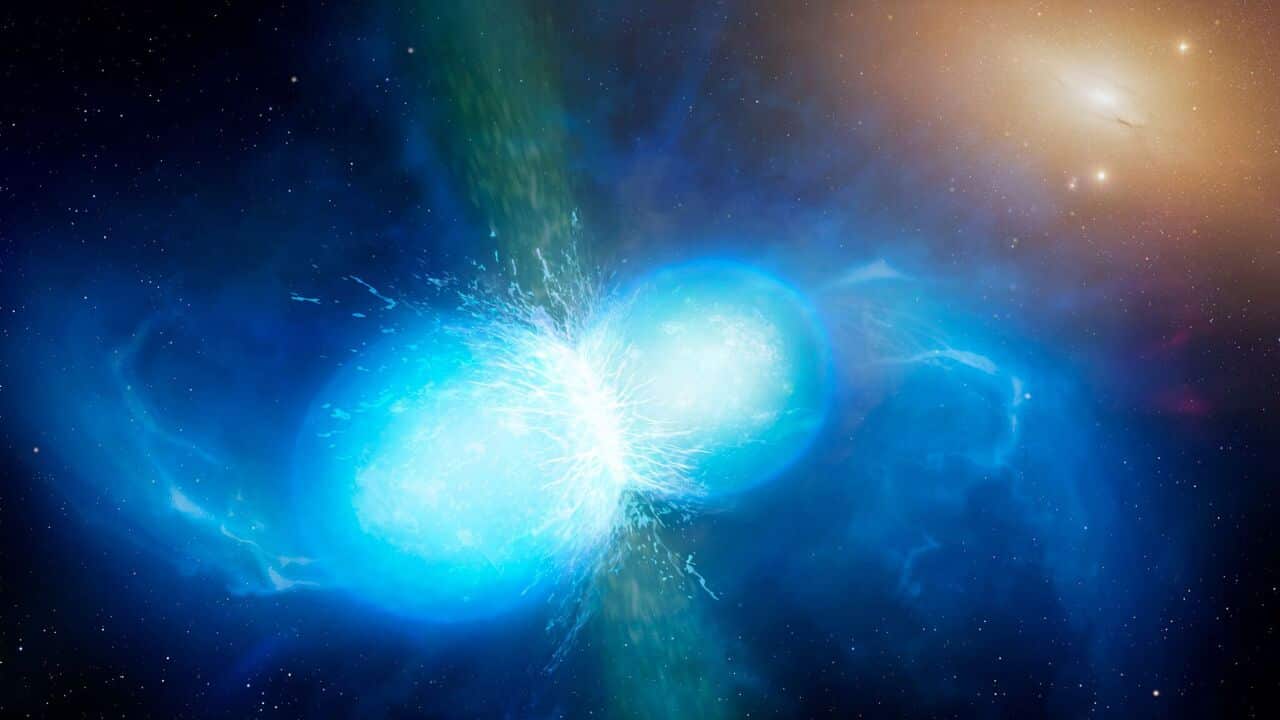 An artist's impression issued by the University of Warwick of two neutron stars colliding. 