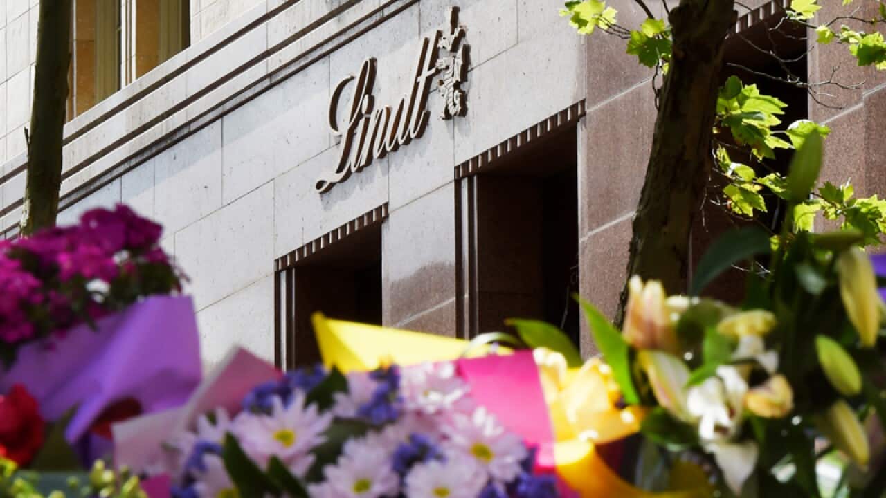 A floral memorial outside the Lindt Chocolate cafe in Martin Place