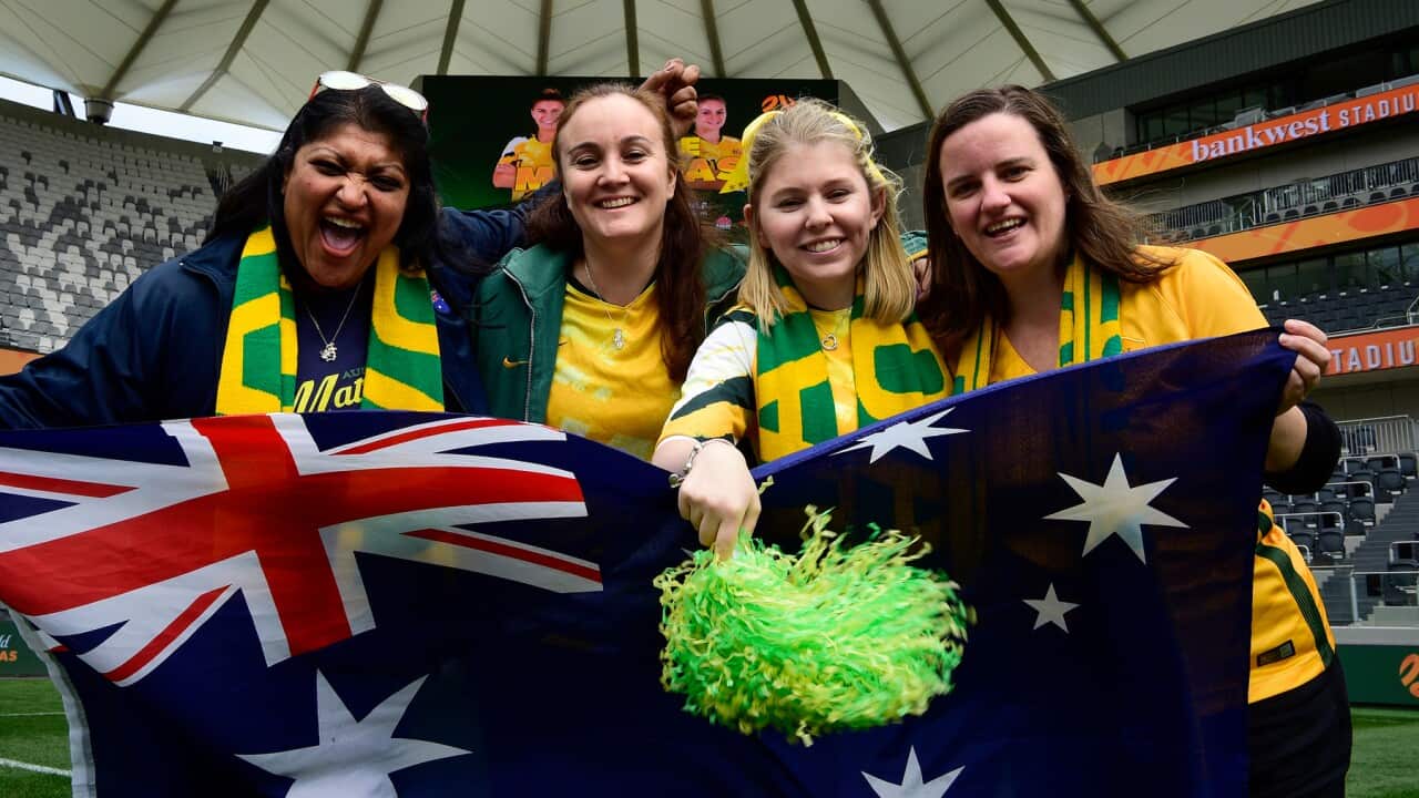 Matildas fans pose for a photo ahead of Saturday's game against Chile