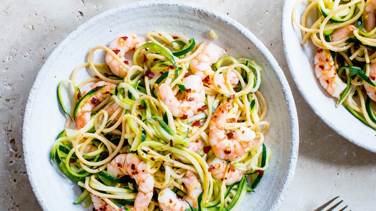 Prawn zoodles and spaghetti with chilli and lemon