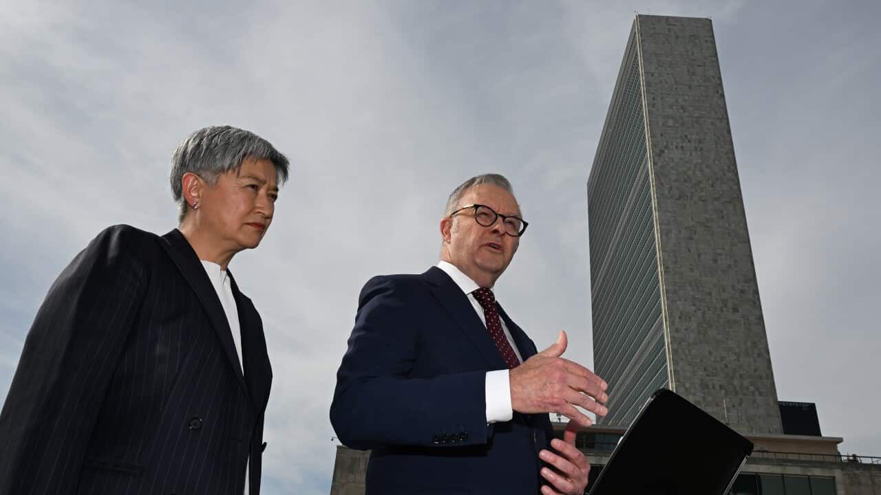 Australian Prime Minister Anthony Albanese and Australian Foreign Minister Penny Wong speak to the media during a press conference, ahead of the 80th session of the United Nations General Assembly at UN headquarters in New York, United States, Sunday, September 21, 2025.