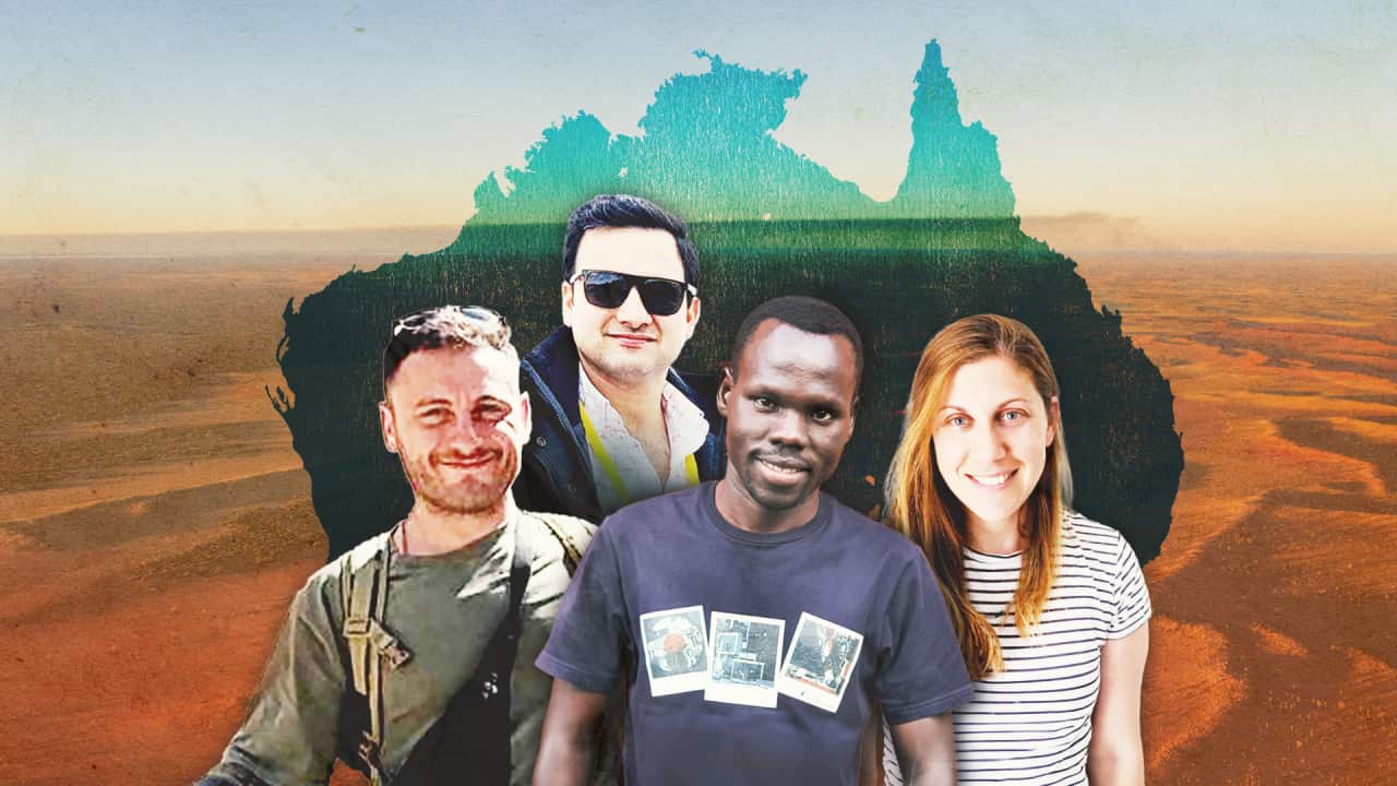 Four profiles of migrants from India, Italy, South Sudan and Israel sit in a collage next to each other. A red desert and outline of Australia sits behind them