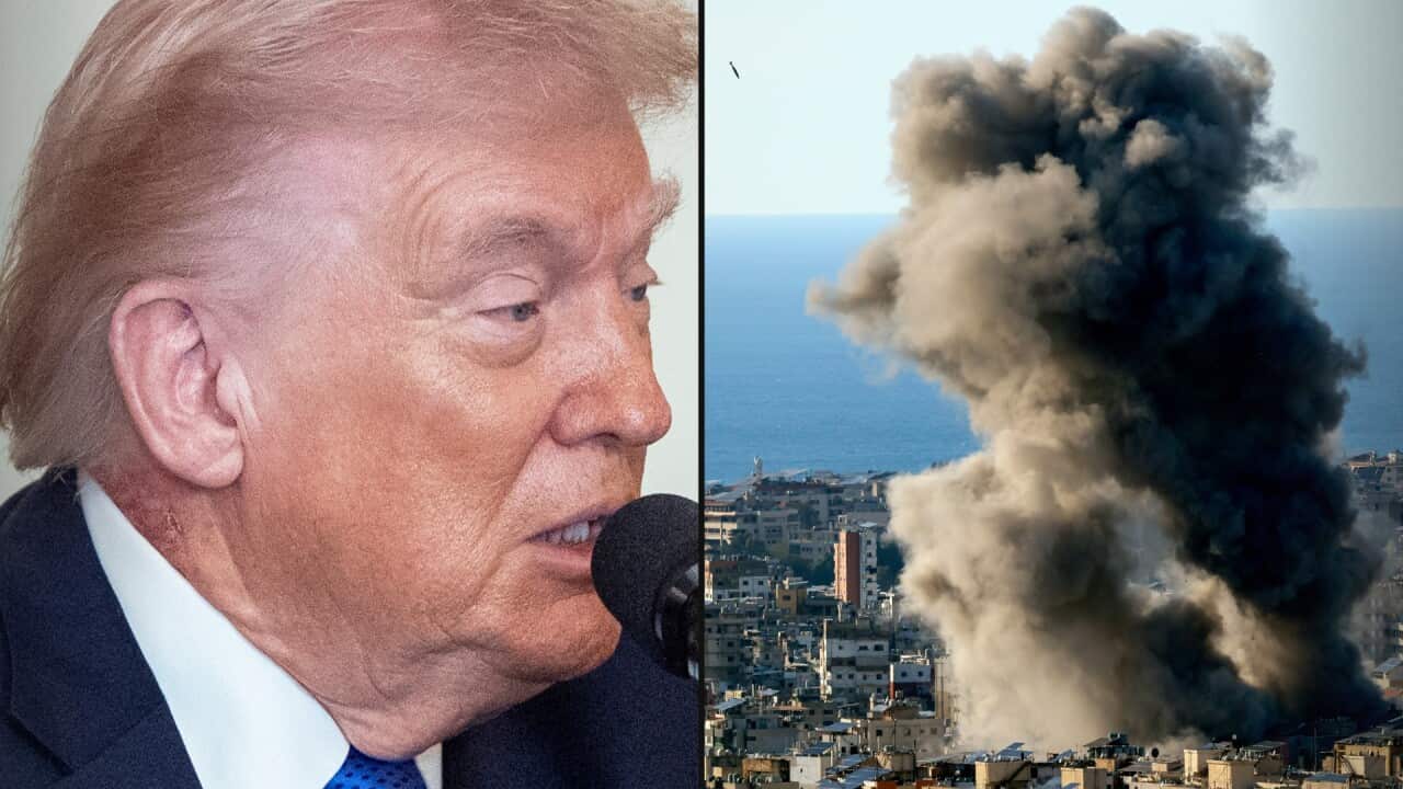 A two-way header image showing US President Donald Trump and smoke billowing above a city following a military attack.