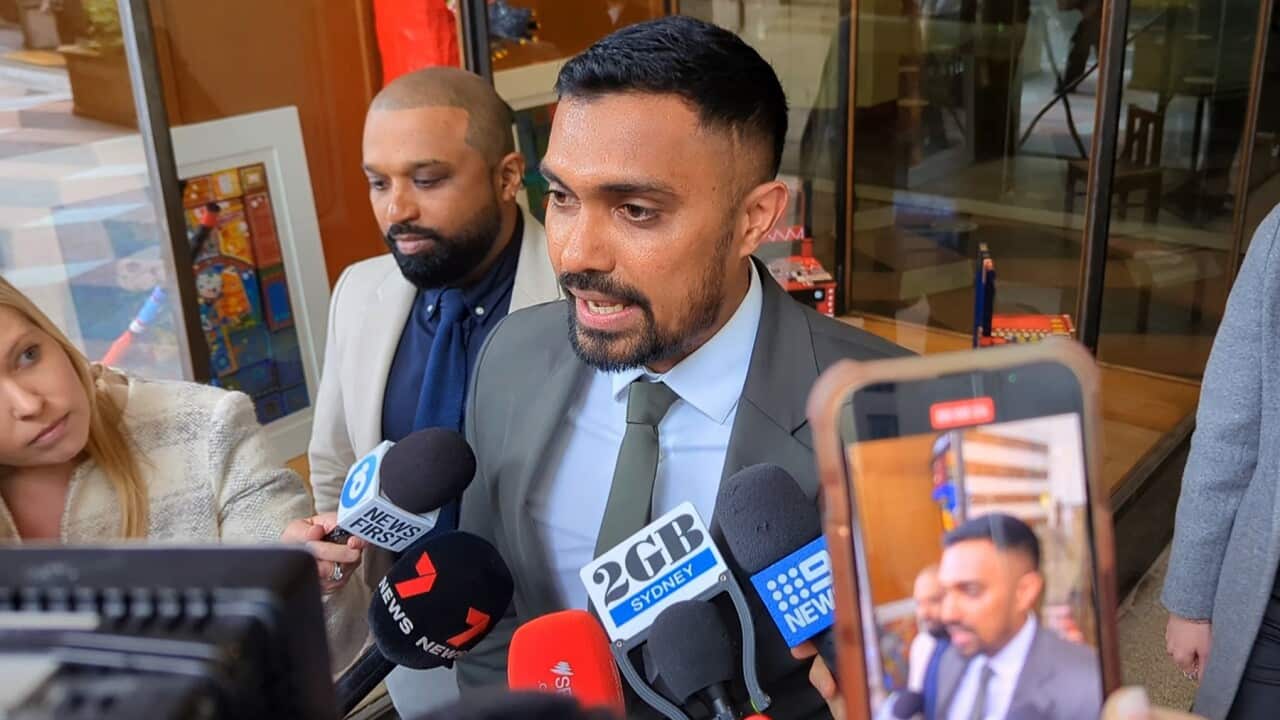 Danuskha Gunathilaka speaks to reporters outside Downing Centre District Court, in Sydney (AAP)