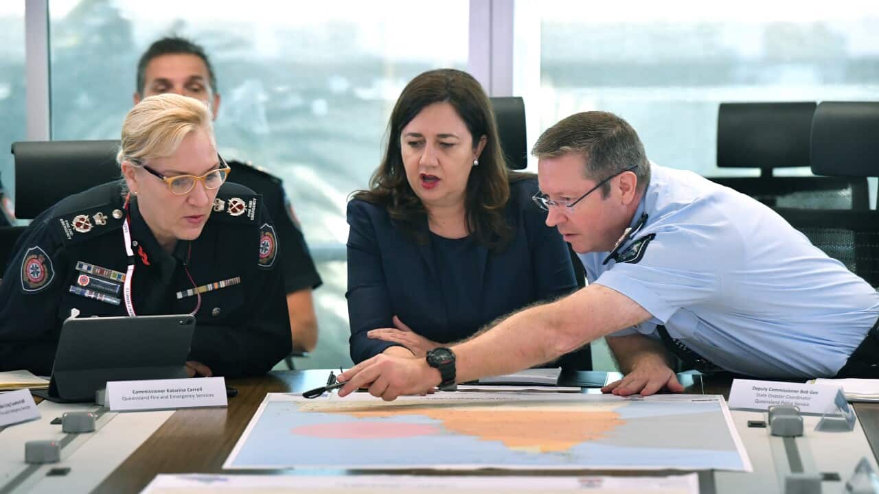 Queensland Fire and Emergency Services Commissioner Katarina Carroll, Queensland Premier Annastacia Palaszczuk and Queensland Police Deputy Commissioner Bob Gee
