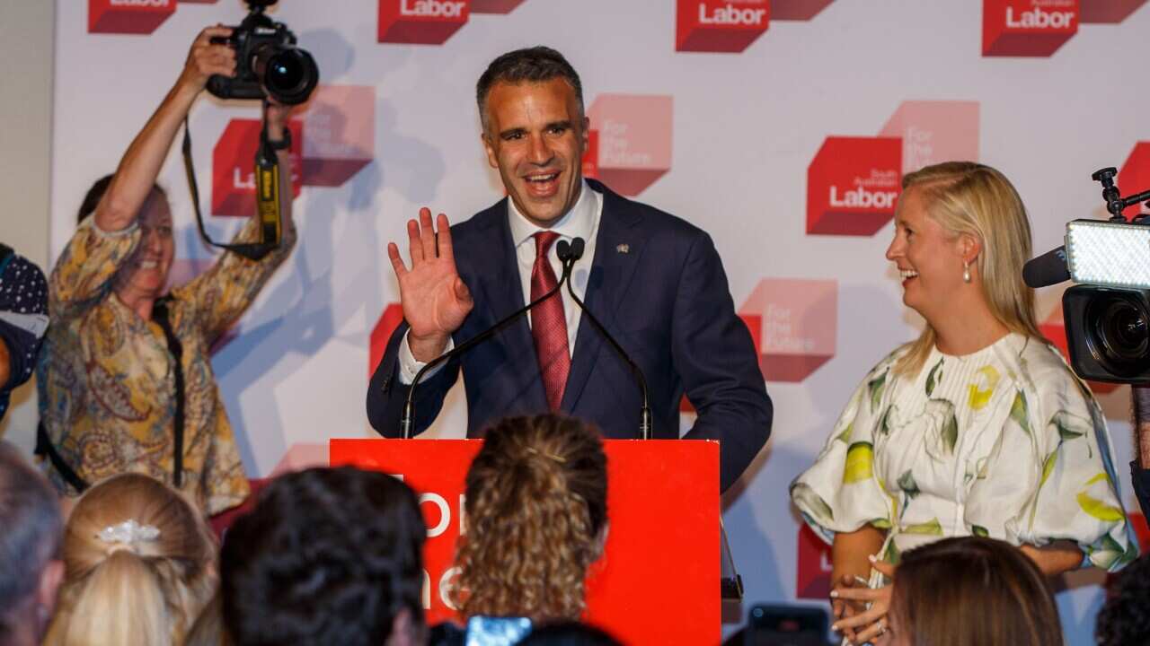 South Australia’s Premier-elect Peter Malinauskas celebrates Labor’s win in the state election