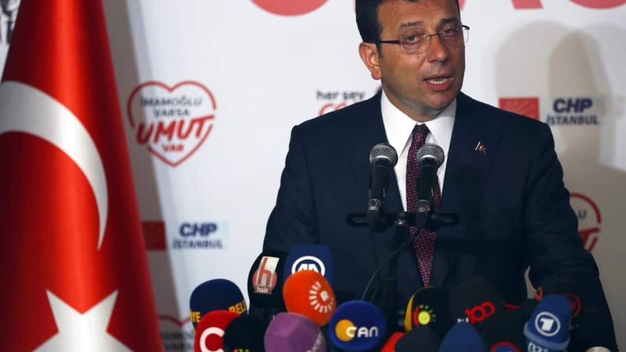 The Republican People's Party Ekrem Imamoglu addresses the crowd