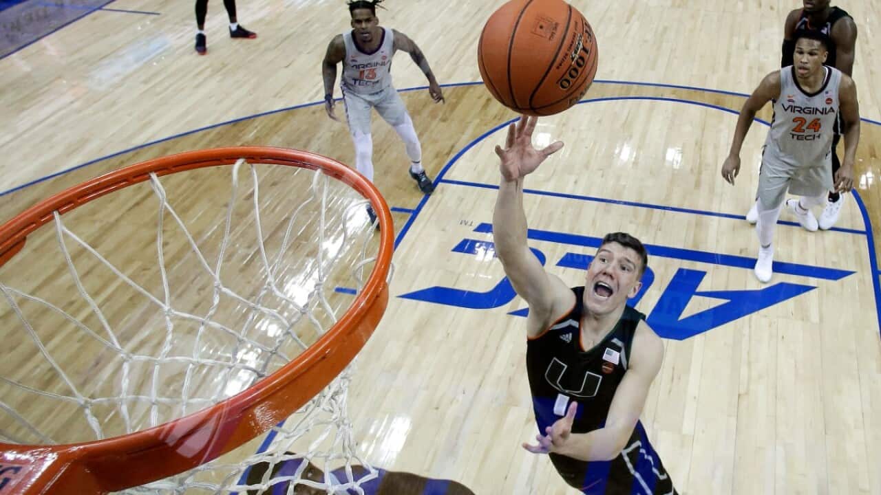 Dejan Vasiljevic (Miami Uni) in action against Virginia Tech during the NCAA college basketball game in the Atlantic Coast Conference tournament in Charlotte. Vasiljevic signed for NBL team Sydney Kings, Australia, in July 2020