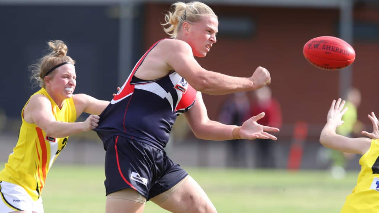 Transgender footballer Hannah Mouncey playing in the VFLW Darabin Falcons at Preston City Oval in 2018