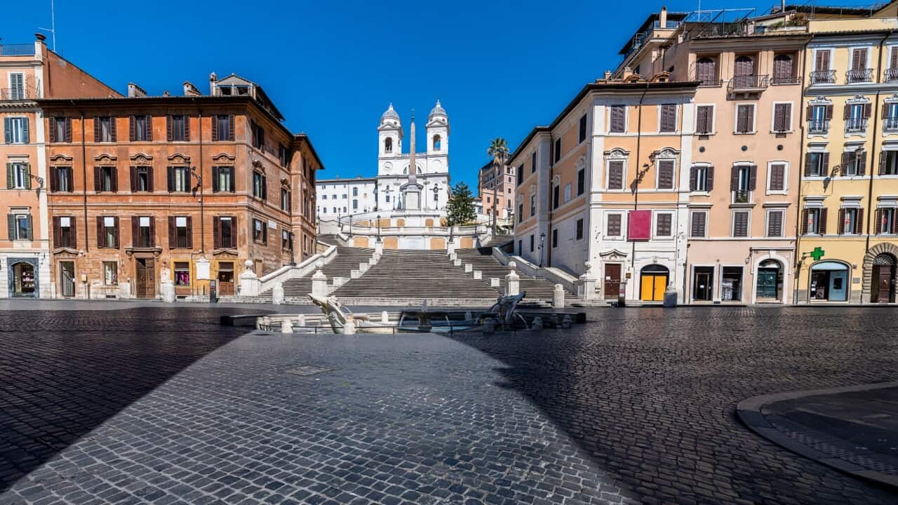 Piazza di Spagna, Rome,Italy April 2020 -- consequences of Coronavirus (Covid-19); Piazza di Spagna, deserted and closed to visitors and tourists.