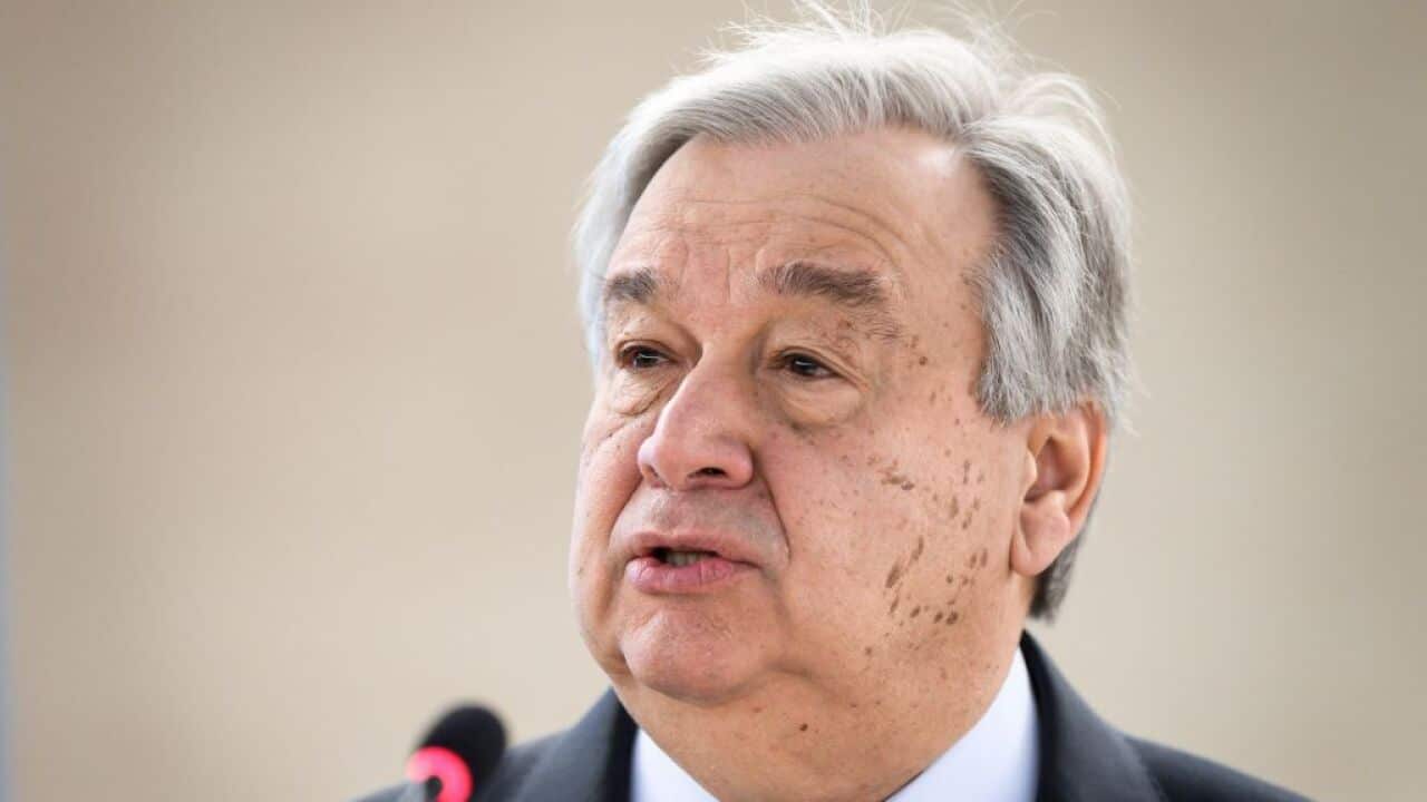UN Secretary-General Antonio Guterres delivers a speech