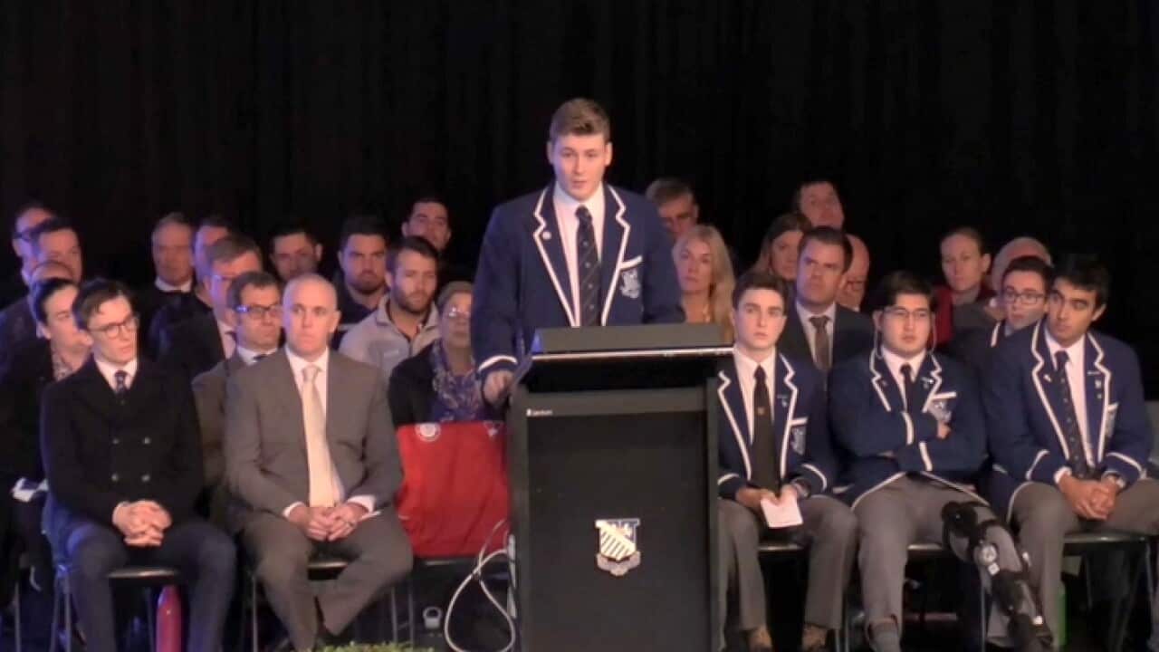 Finn Stannard speaking at assembly (SBS)