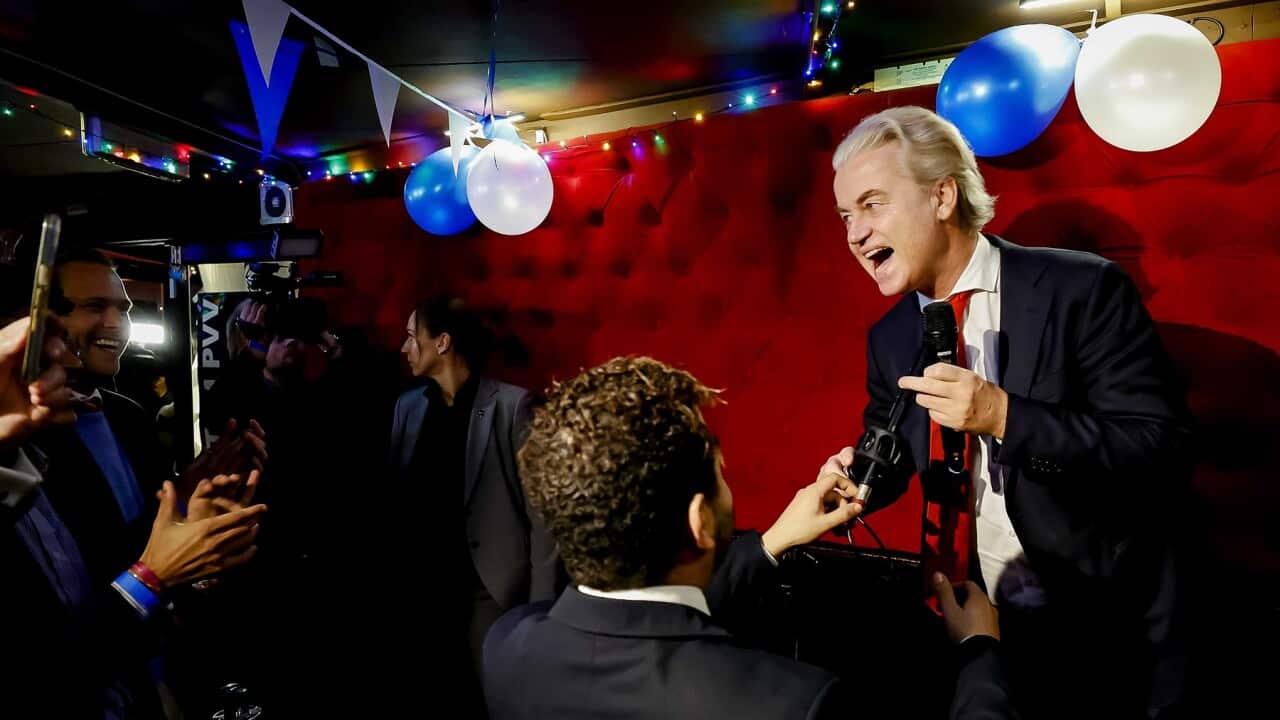 PVV leader Geert Wilders responds to the results of the elections in Scheveningen, Netherlands (AAP)