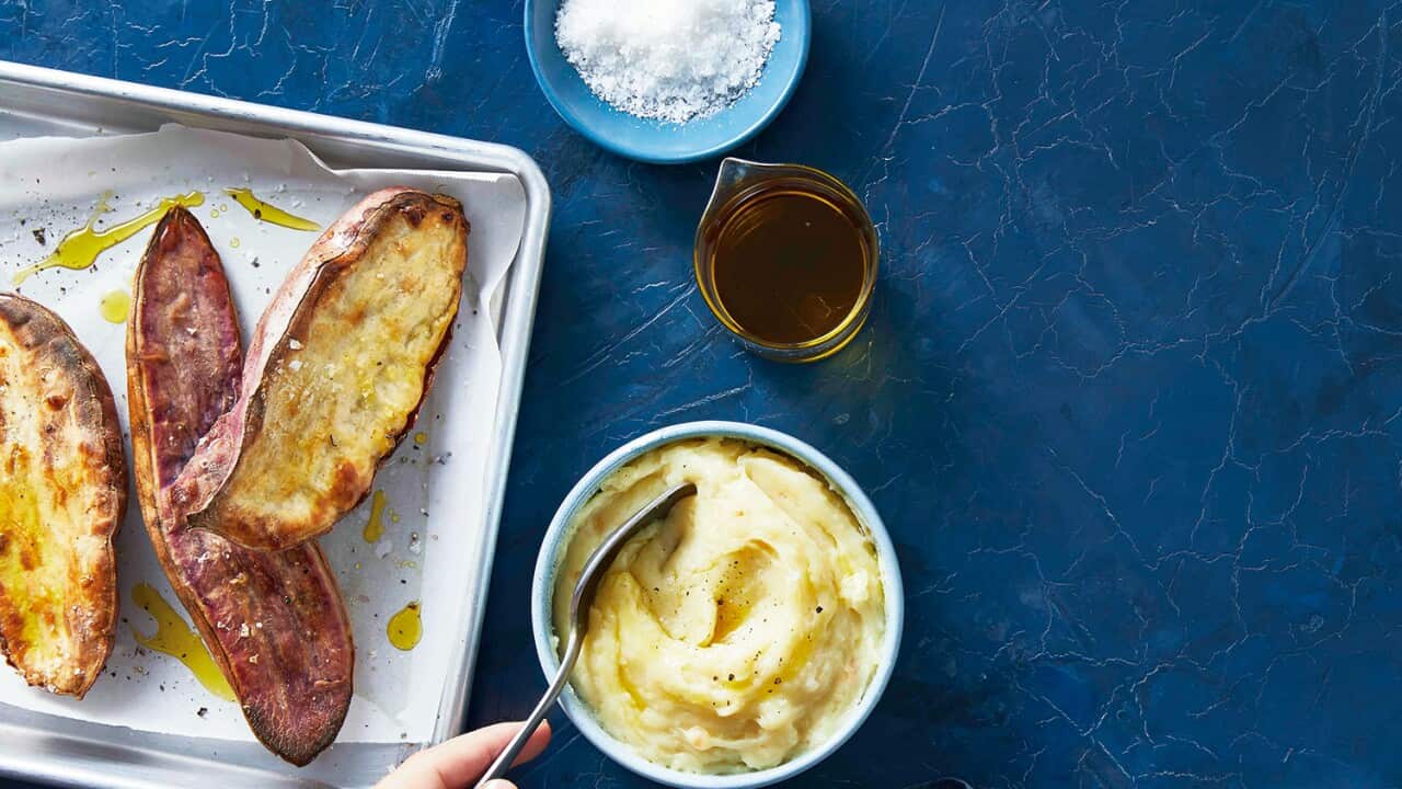 Skordalia: purple-skinned white sweet potato and garlic mash