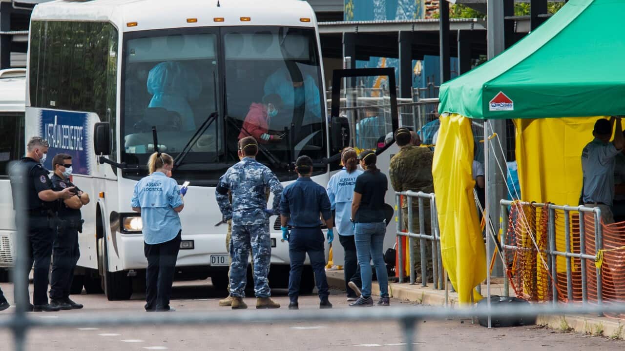 Government officials gather at buses of Australian evacuees