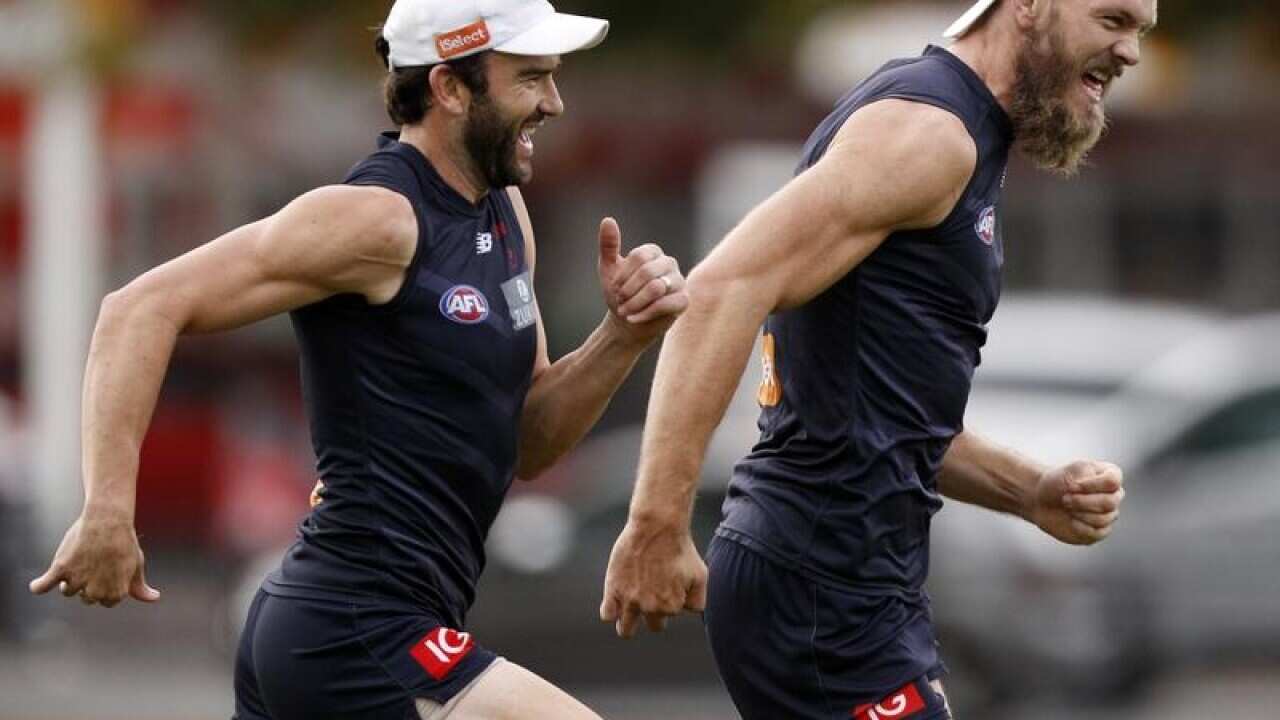Jordan Lewis and Max Gawn at training