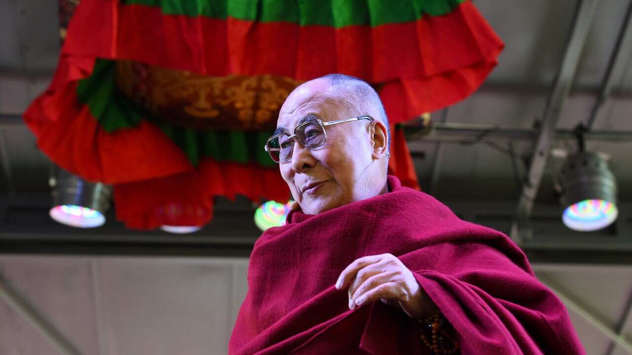 The Dalai Lama addresses a gathering at Katoomba public school, at Katoomba, in the Blue Mountains, west of Sydney, Monday, June 8, 2015. The Dalai Lama is in Australia as part of his Wisdom of Forgiveness tour. (AAP Image/Dan Himbrechts) NO ARCHIVING