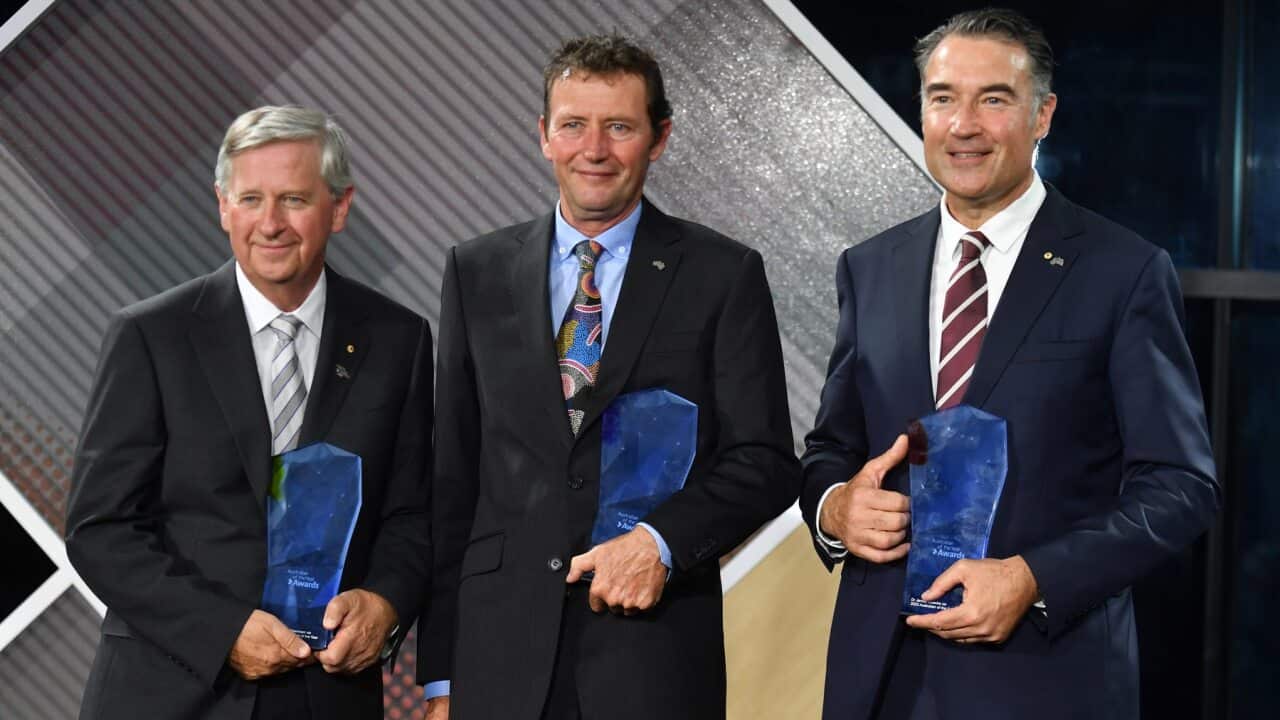 Senior Australian of the Year winner Professor John Newnham, Local Hero winner Bernie Shakeshaft and Australian of the Year winner Dr James Muecke.