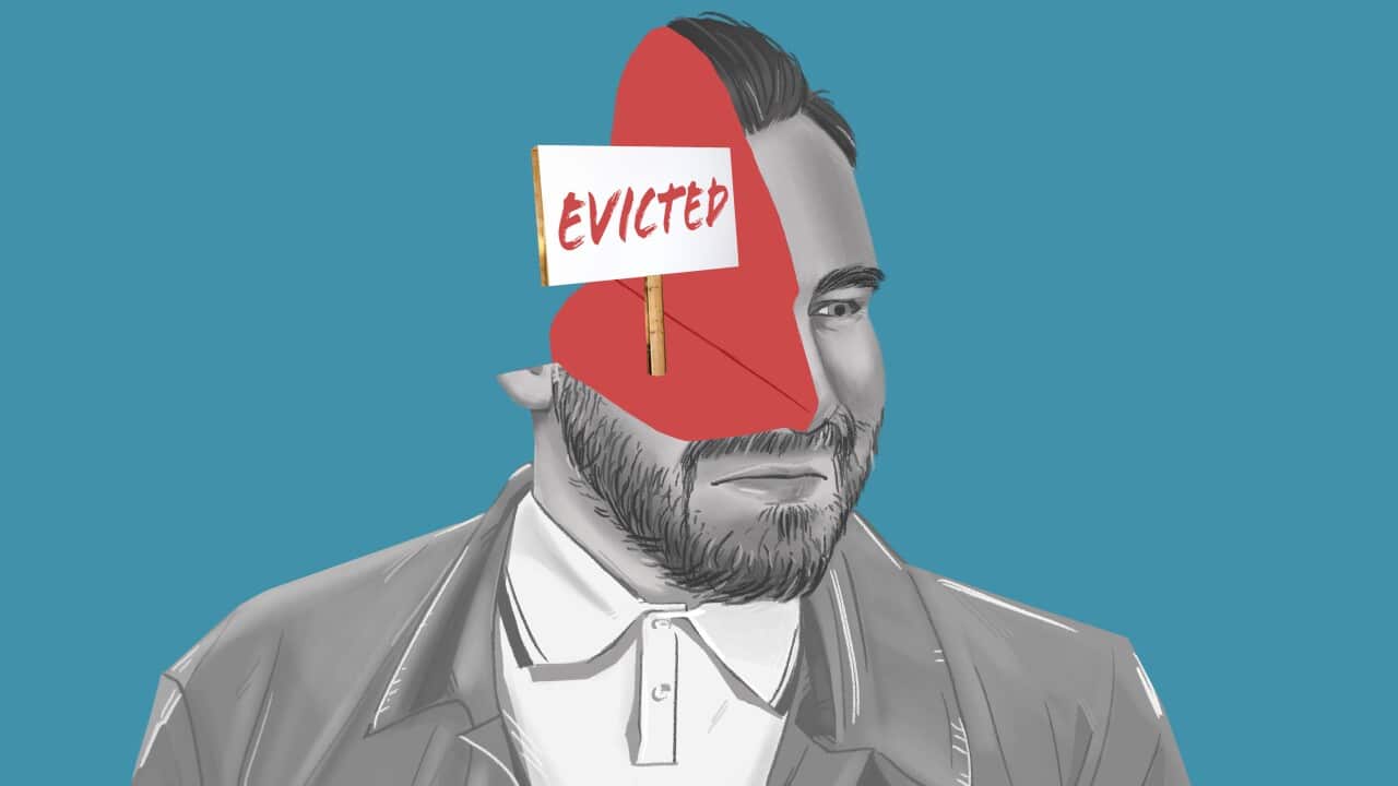 A drawing of a man with the right quarter of his head cut open to reveal a sign reading, evicted