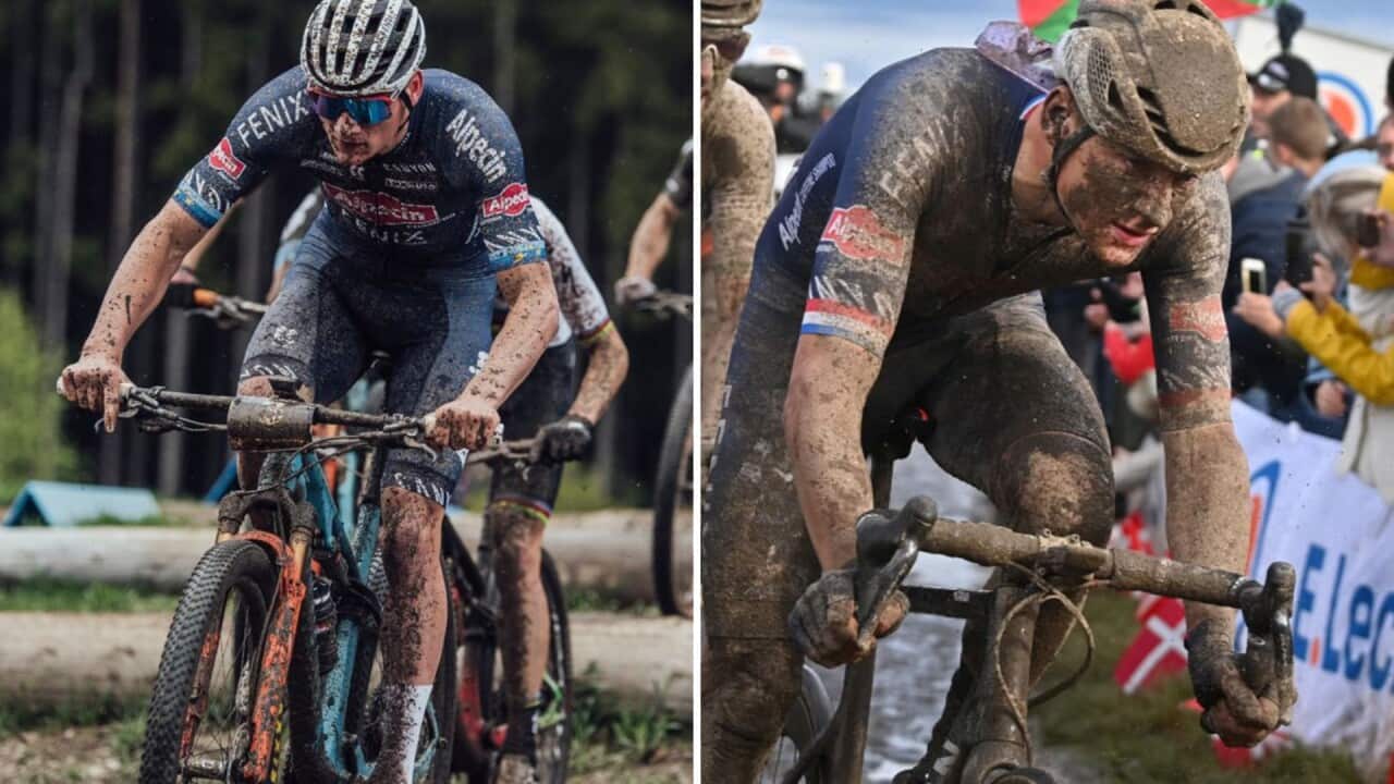 Mathieu van der Poel in action in mountain bike and on the road