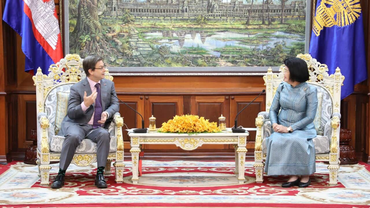 Australian Ambassador to Cambodia Justin Whyatt and President of National Assembly Khuon Sodary.jpg