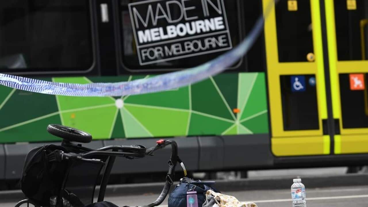 A damaged pram on Bourke St after the car rampage in January.