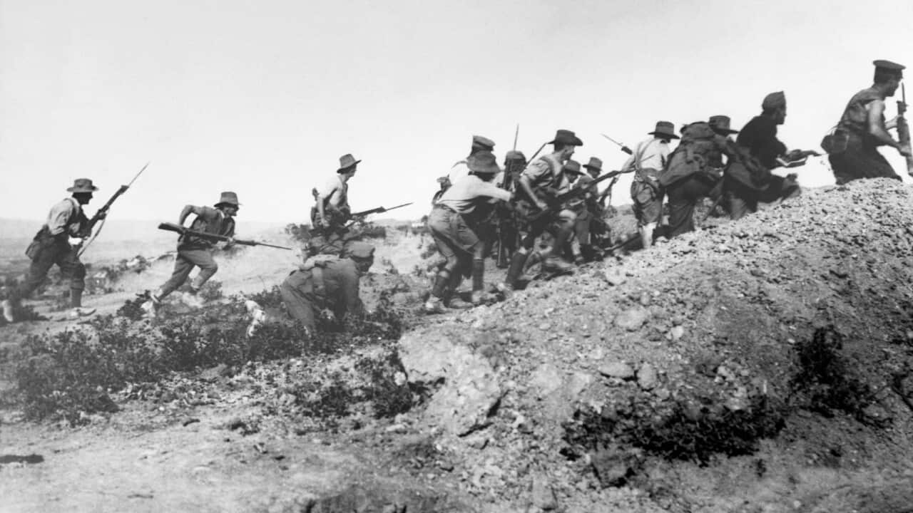 Australian troops charge near a Turkish trench just before the evacuation at Anzac. When they got there the Turks had flown. Dardanelles Campaign, ca. 1915. | Location: Gallipoli Penninsula, Turkey