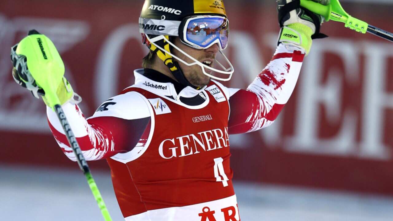 Marcel Hirscher celebrates