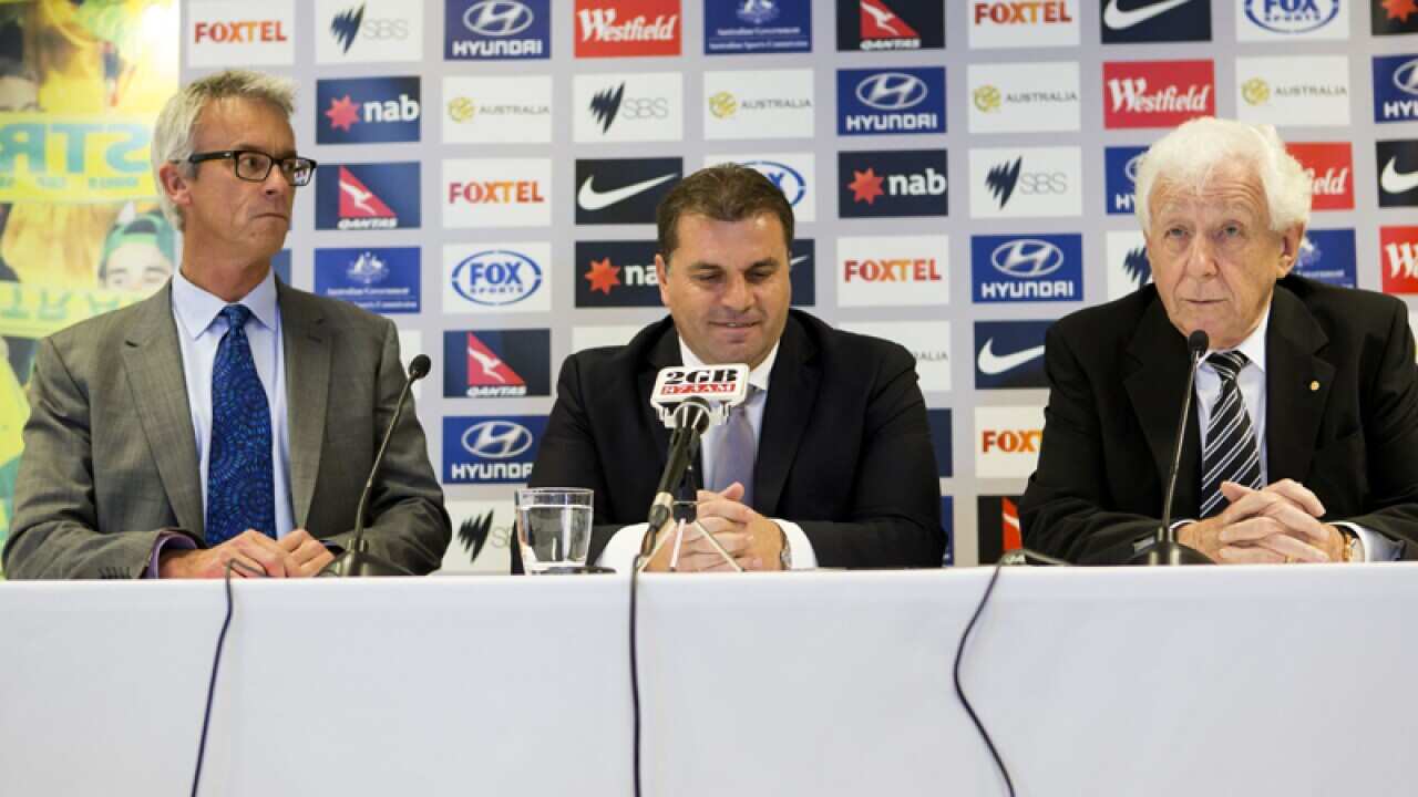 (L-R)  (FFA) CEO David Gallop, Ange Postecoglou and Frank Lowy