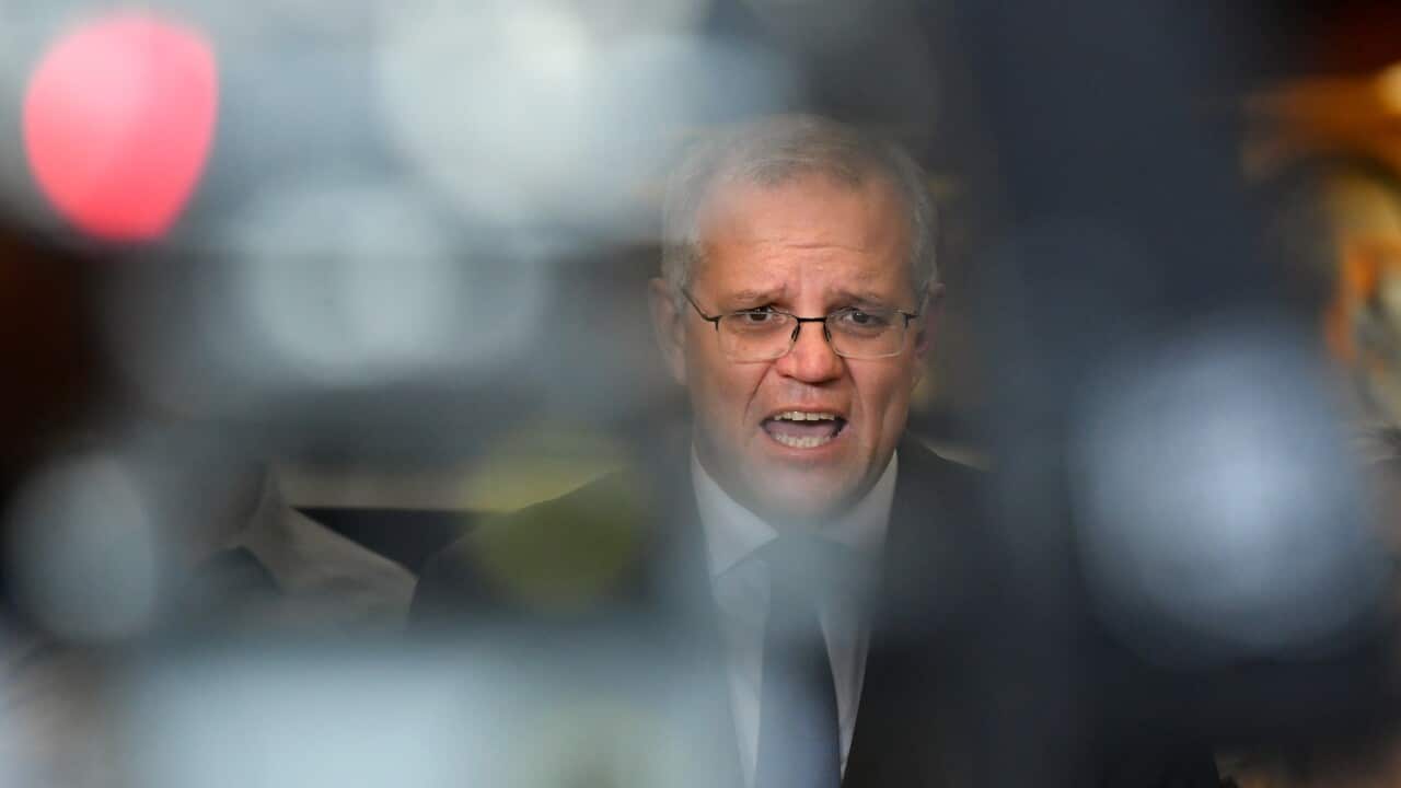 Prime Minister Scott Morrison at a press conference during a visit to Opie Manufacturing at Emu Plains in Western Sydney, Friday, December 17, 2021. (AAP Image/Mick Tsikas) NO ARCHIVING