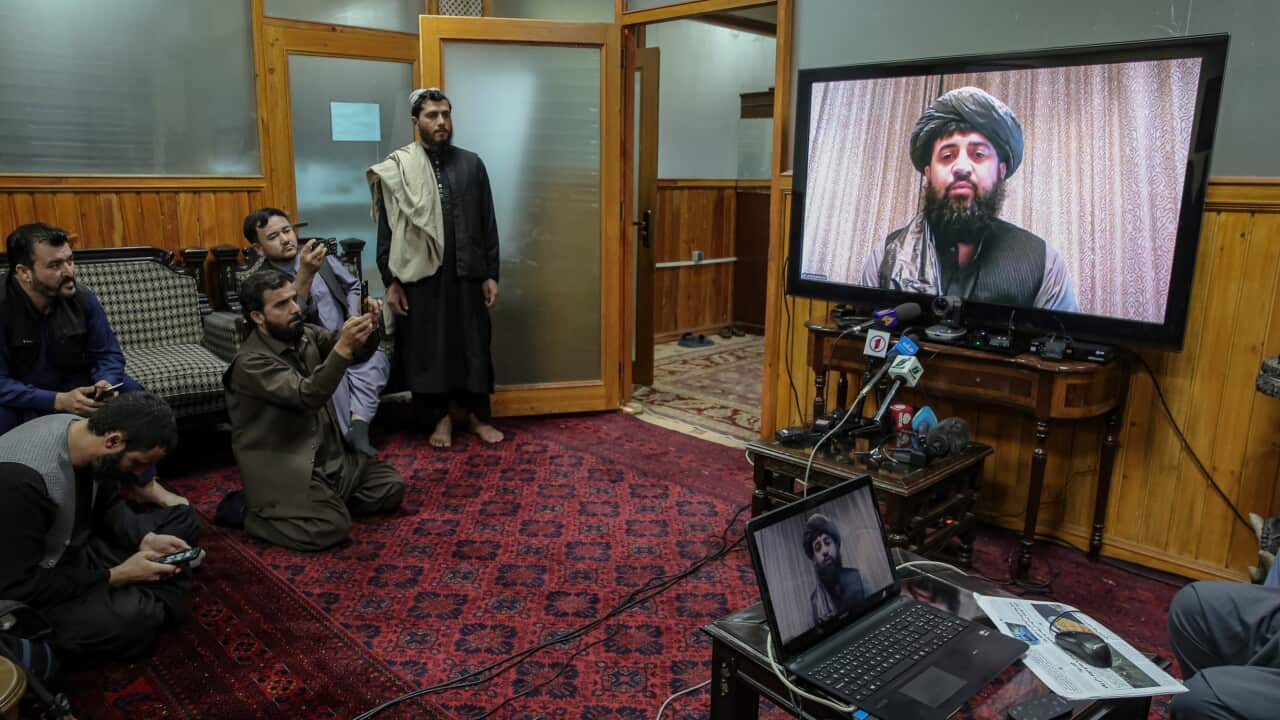 Taliban government Defence Minister Mullah Yaqub Mujahid speaks via video conference from Doha, following ceasefire talks between Pakistan and Afghanistan, in Kabul