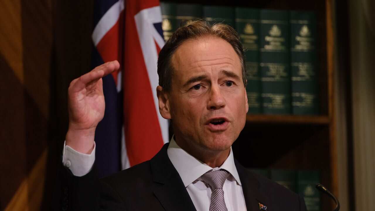 Federal Health Minister Greg Hunt speaks to the media during a press conference in Melbourne, Tuesday, April 20, 2021. (AAP Image/Luis Ascui) NO ARCHIVING