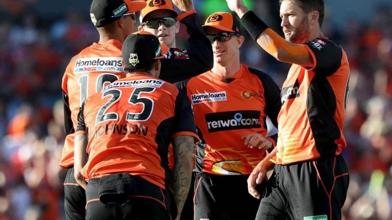 Andrew Tye of the Scorchers celebrates dismissing Luke Wright