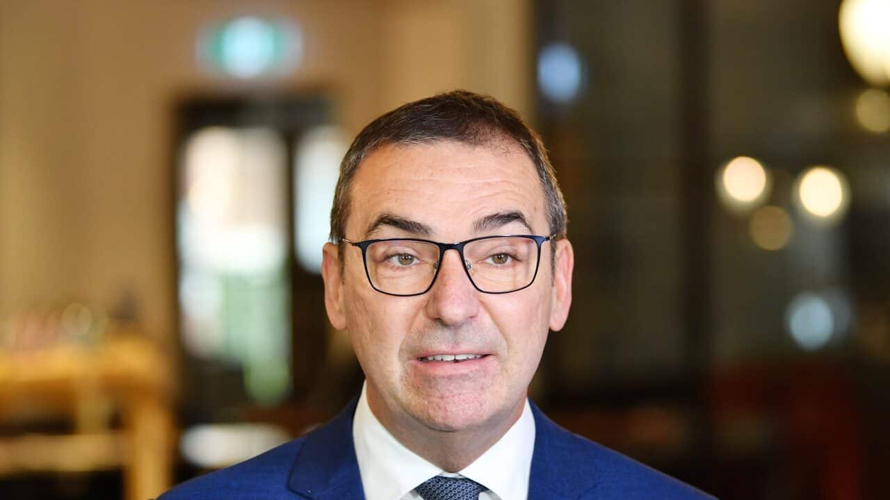 South Australian Premier Steven Marshall speaks to the media during a door stop at Coopers Alehouse in Adelaide, Wednesday, May 27, 2020. South Australia will ease more coronavirus restrictions from June 1. (AAP Image/David Mariuz) NO ARCHIVING