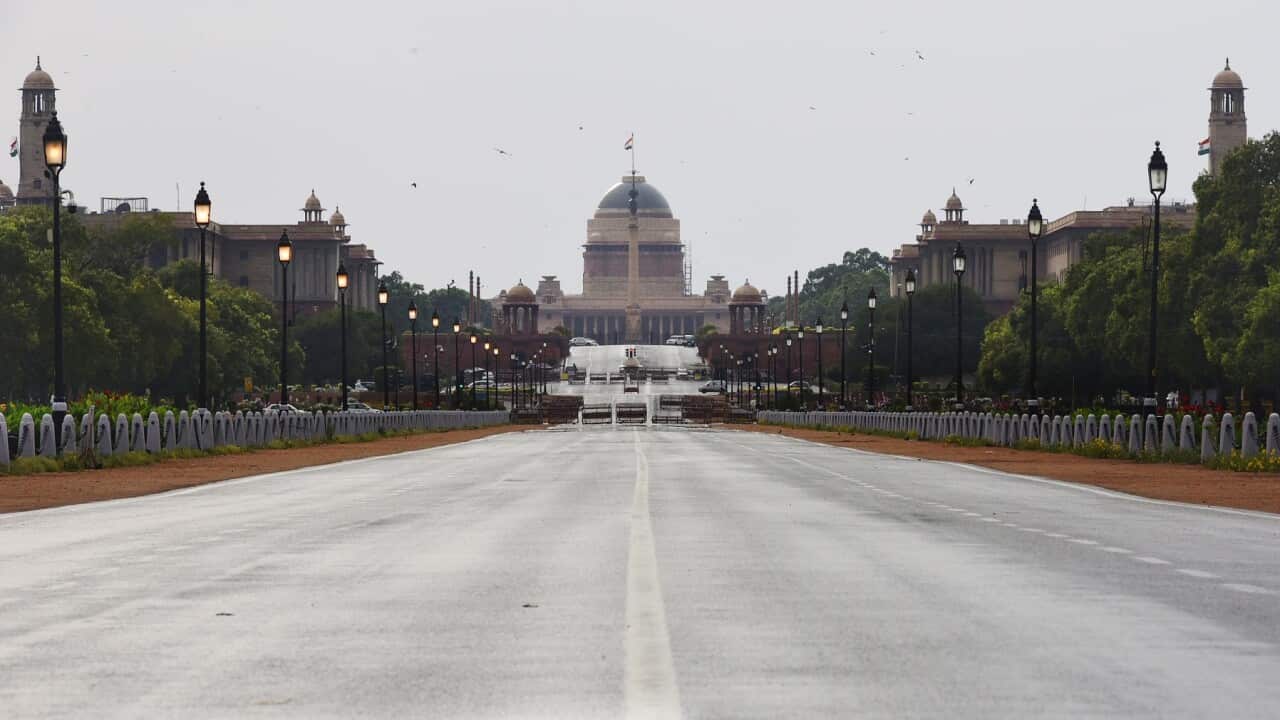 A deserted Vijay Chowk in New Delhi, India