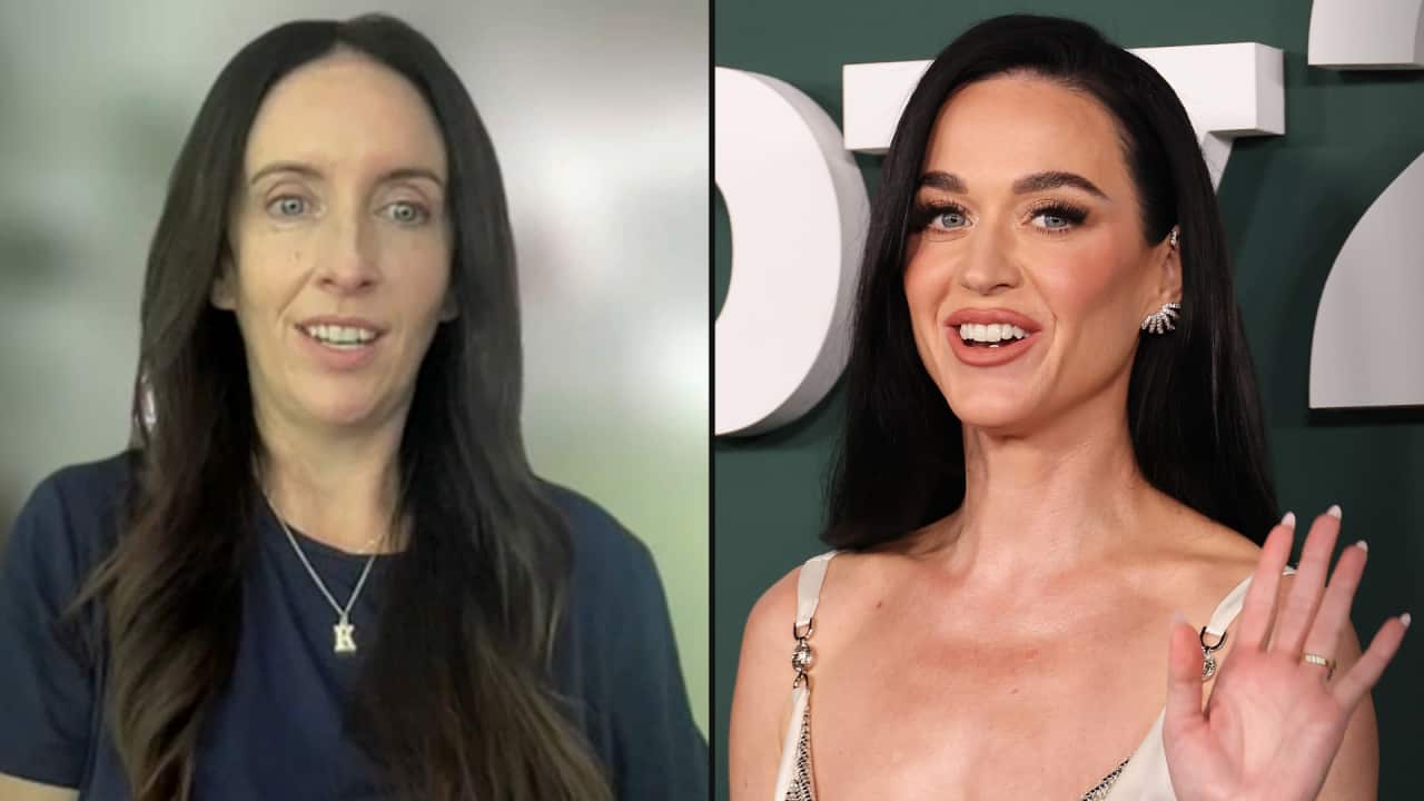 A split image. On the left is a woman speaking while on a Zoom call. On the right is pop superstar Katy Perry.