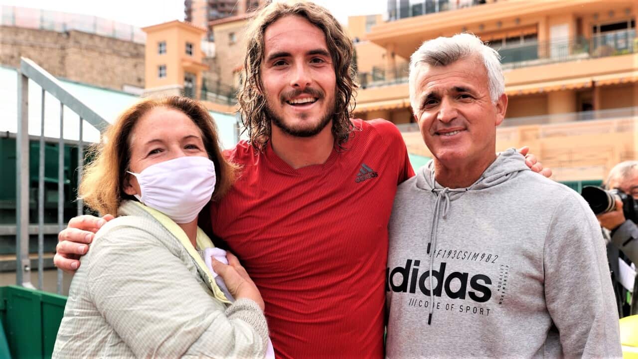 Stefanos Tsitsipas celebrates with his Mother, Julia Apostoli (L) and Father, Apostolos Tsitsipas (R) after winning to the Rolex Monte-Carlo Masters.