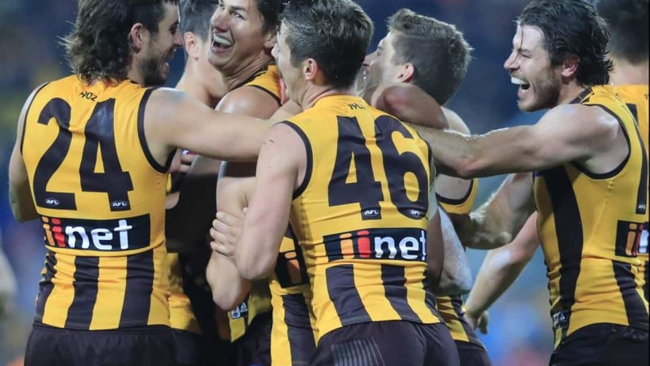Hawthorn celebrate their win over St Kilda.
