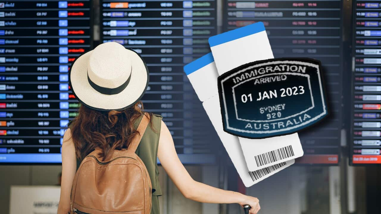 Graphic art of a woman wearing a hat and backpack looking at an airport arrivals and departures board. Art also includes plane tickets and a visa stamp.