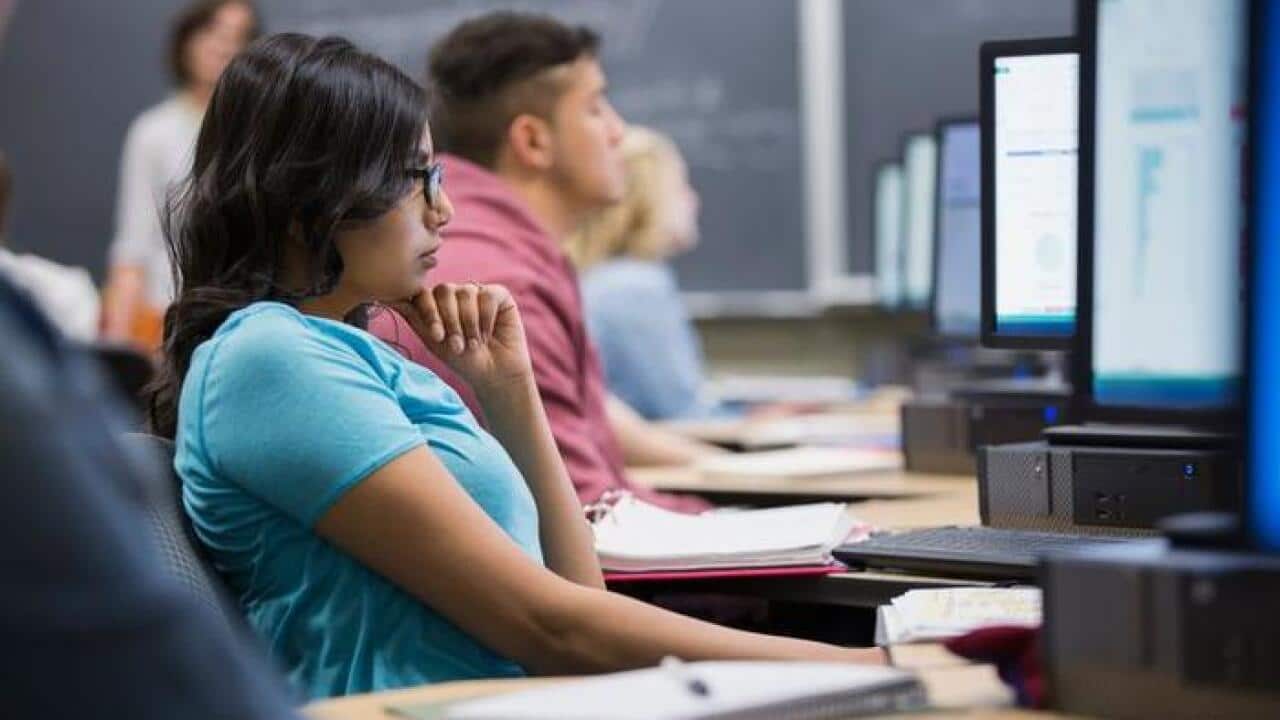 College students studying at computers in classroom